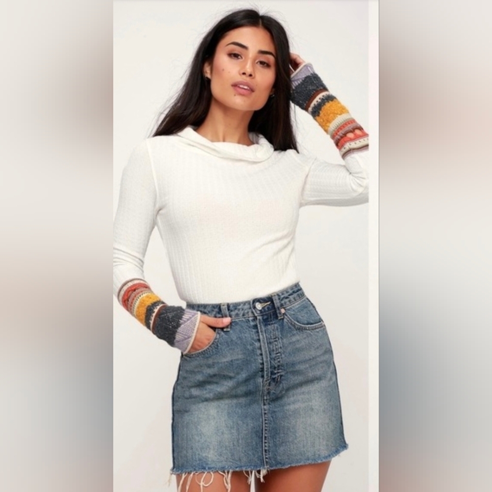 We The Frree FP Distressed A-line Denim Skirt